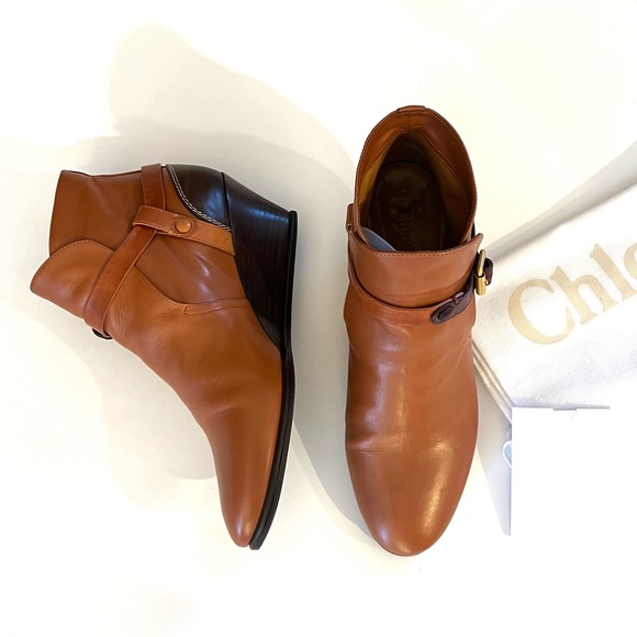 Chloe camel tan saddle wedge bootie boot leather brown buckles 39 9 auto card - Picture 3 of 9